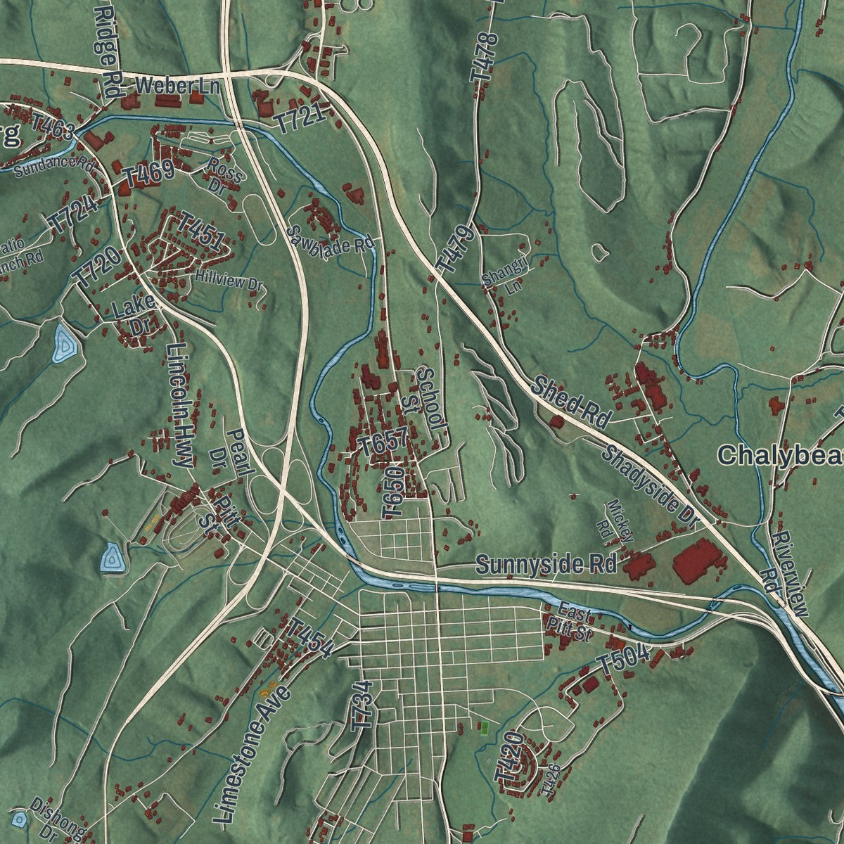 Close-up of the map of Bedford, Bedford County, Pennsylvania print showing street and building detail