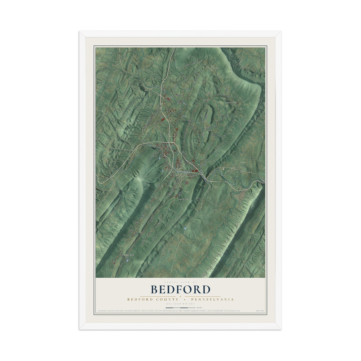 Map of Bedford, Bedford County, Pennsylvania, 12 x 18 inch print in a white wood frame
