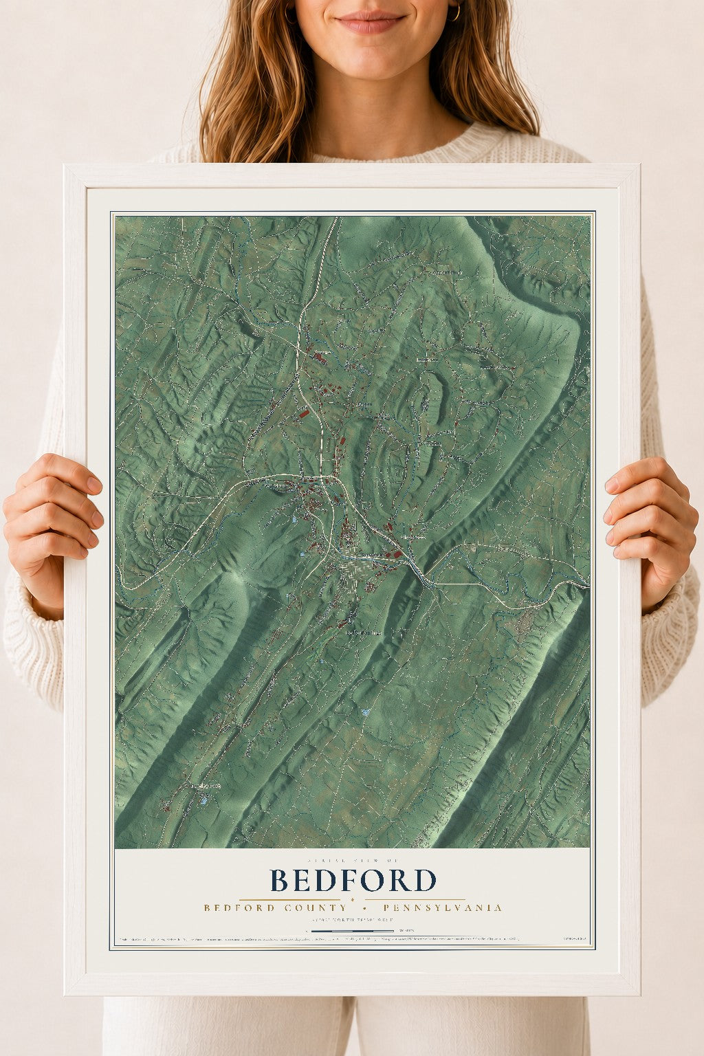 Map of Bedford, Bedford County, Pennsylvania, 18 x 24 inch print in a white wood frame