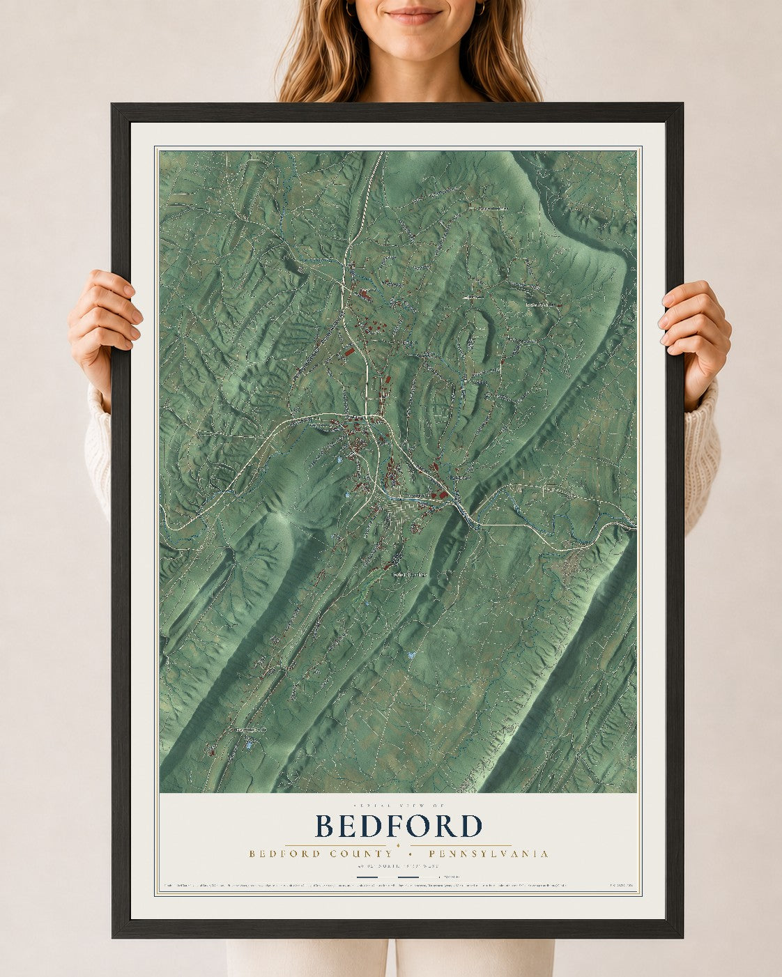 Map of Bedford, Bedford County, Pennsylvania, 24 x 36 inch print in a black wood frame