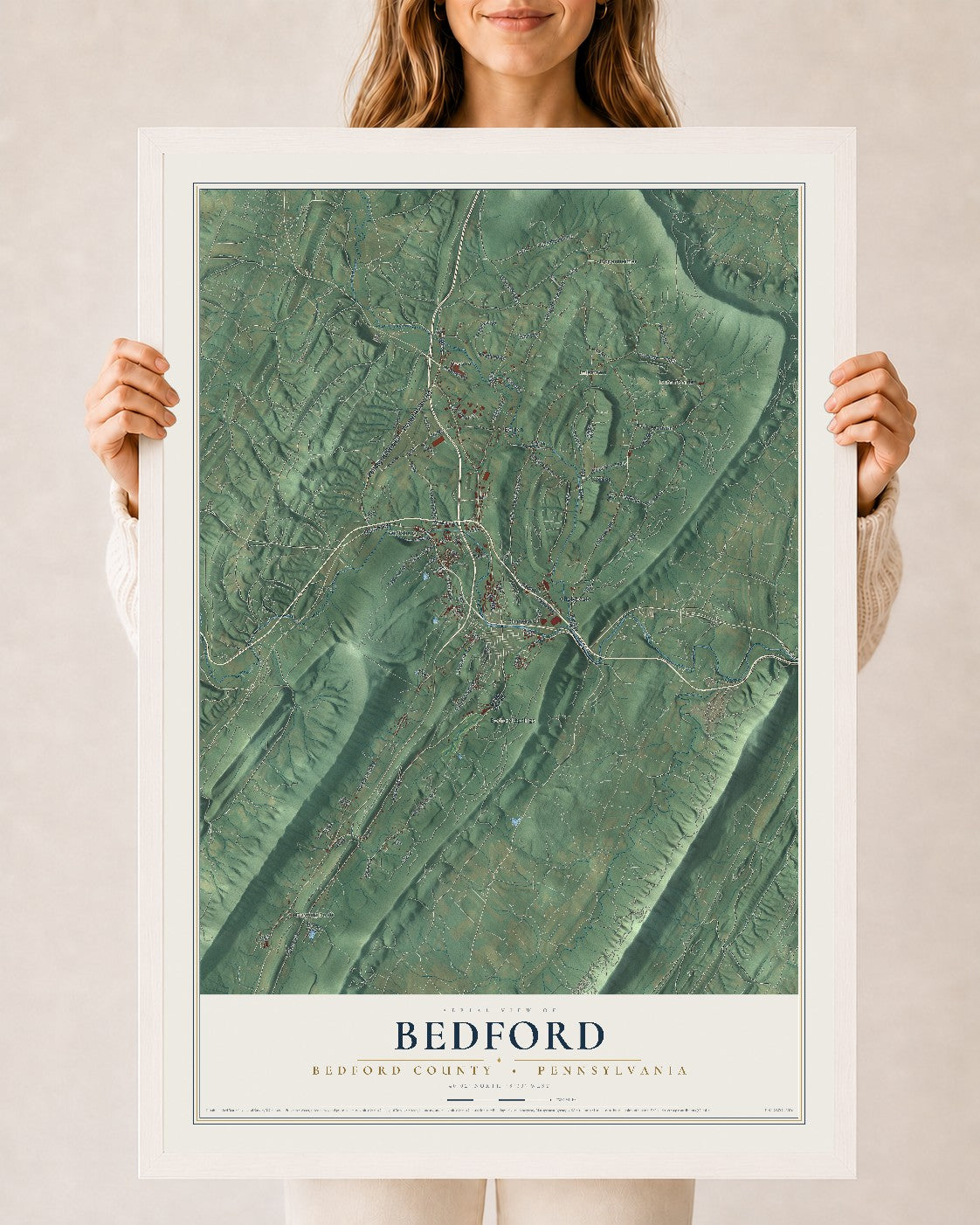 Map of Bedford, Bedford County, Pennsylvania, 24 x 36 inch print in a white wood frame