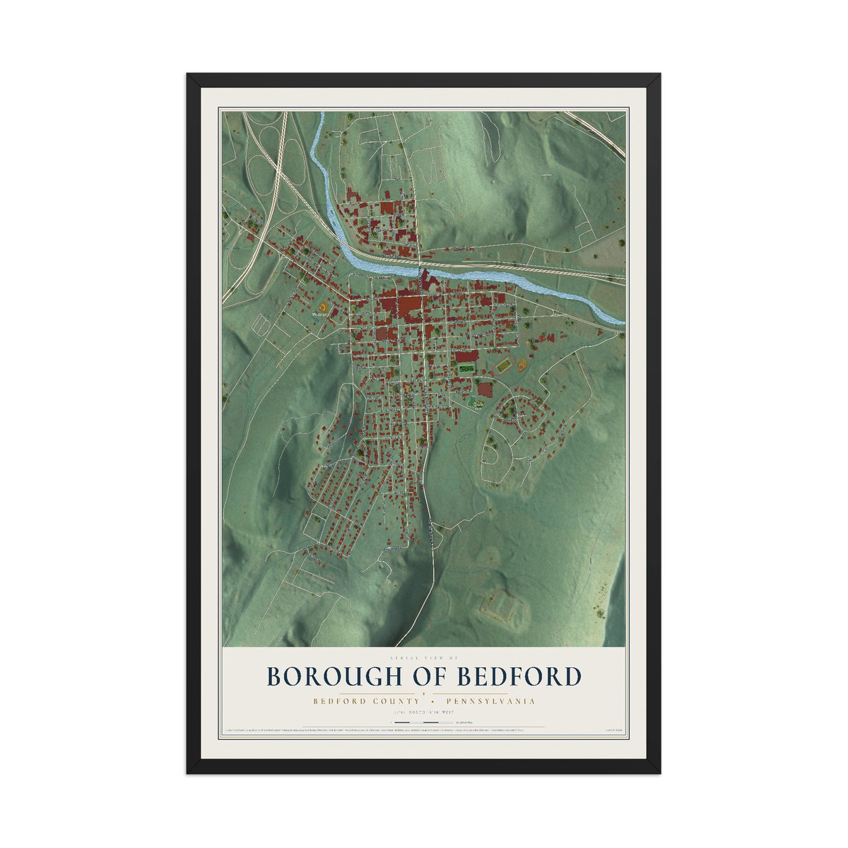 Map of the Borough of Bedford, Bedford County, Pennsylvania, 12 x 18 inch print in a black wood frame