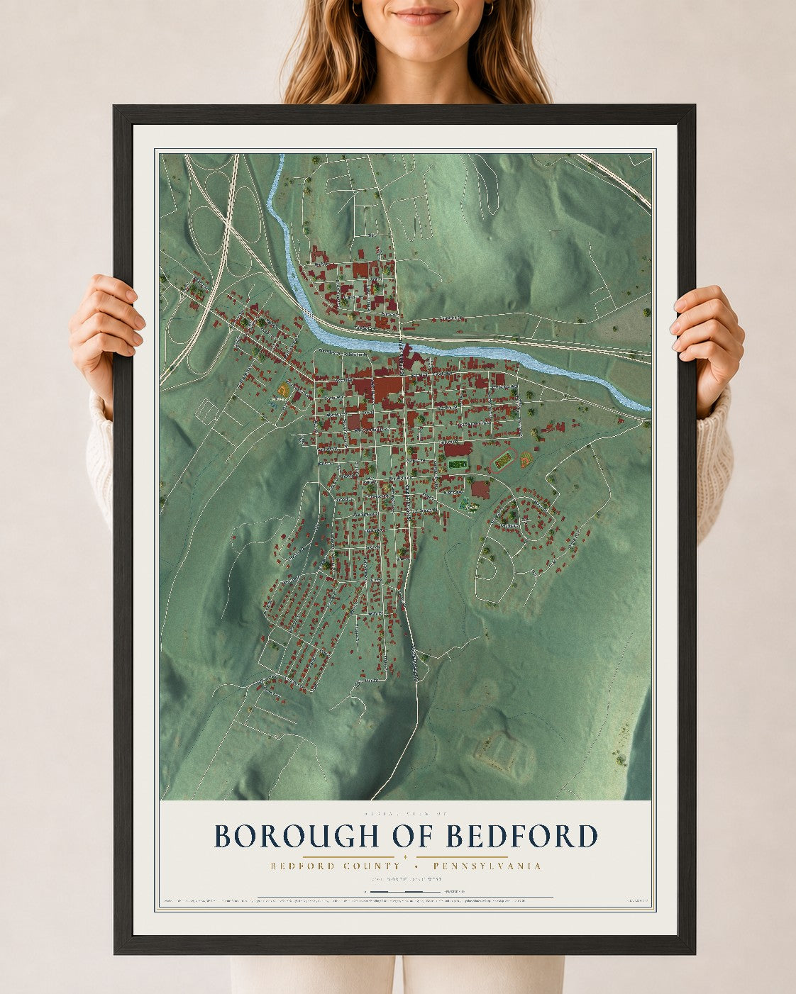 Map of the Borough of Bedford, Bedford County, Pennsylvania, 24 x 36 inch print in a black wood frame