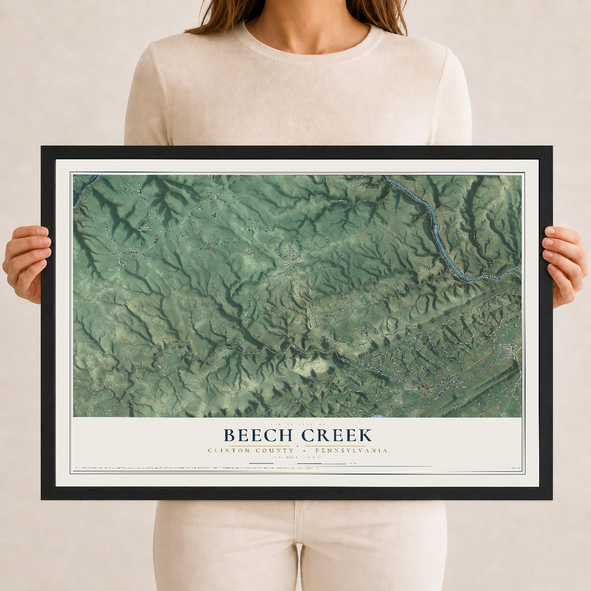 Map of Beech Creek, Clinton County, Pennsylvania, 12 x 18 inch print in a black wood frame