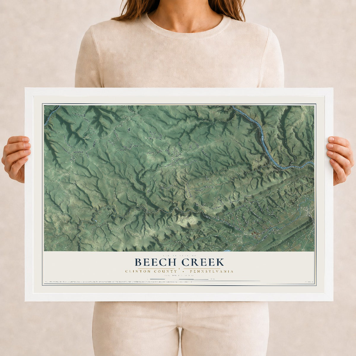 Map of Beech Creek, Clinton County, Pennsylvania, 12 x 18 inch print in a white wood frame