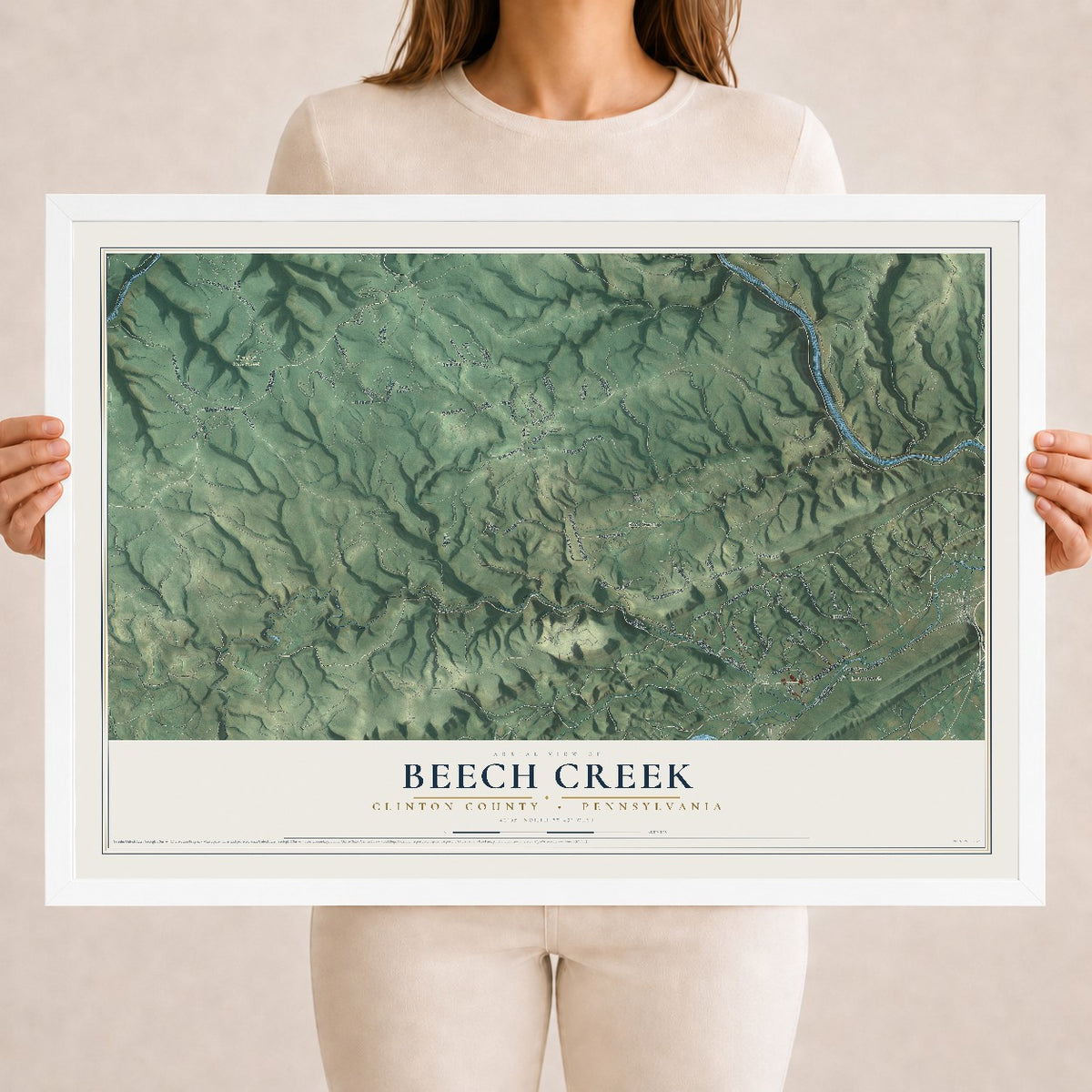 Map of Beech Creek, Clinton County, Pennsylvania, 18 x 24 inch print in a white wood frame