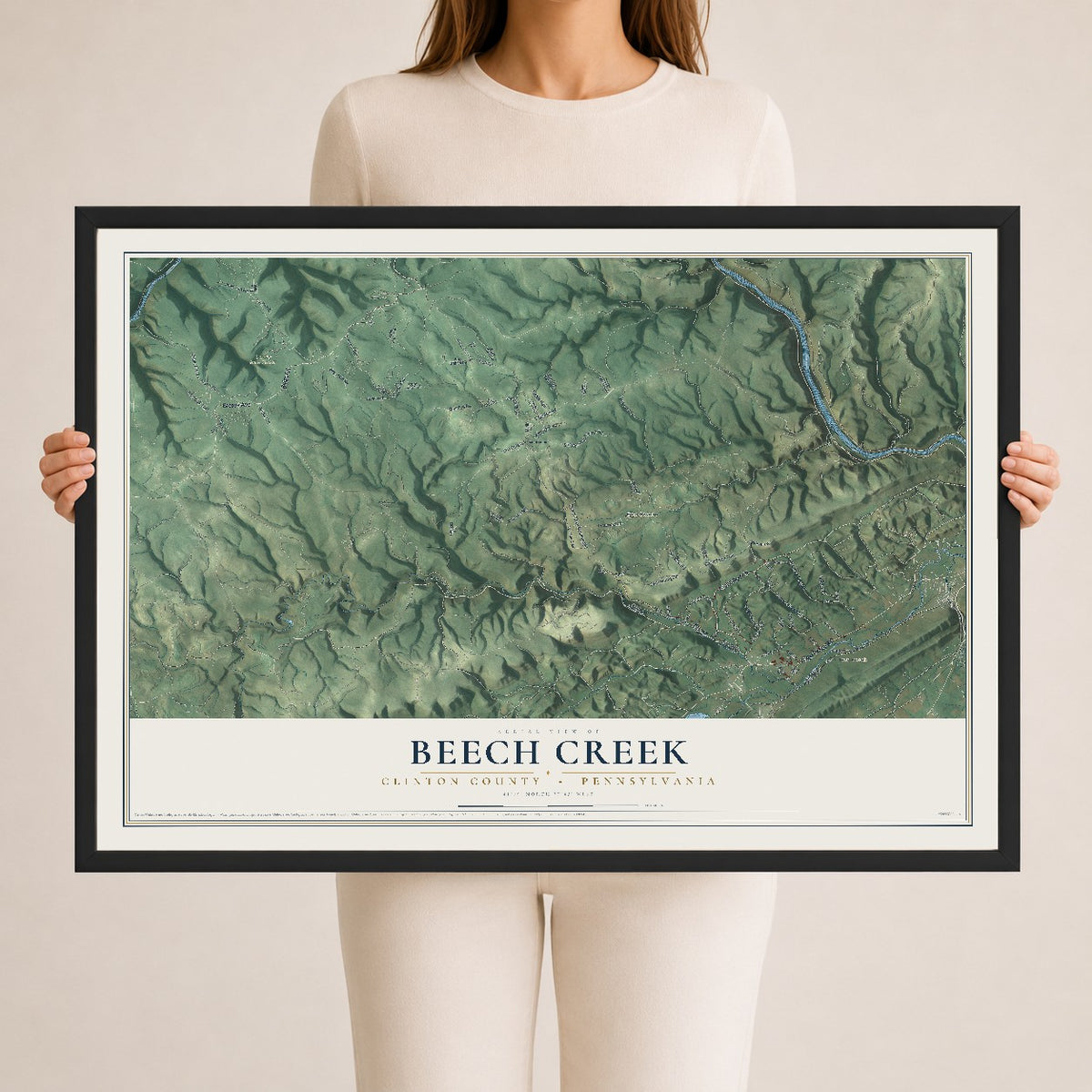 Map of Beech Creek, Clinton County, Pennsylvania, 24 x 36 inch print in a black wood frame