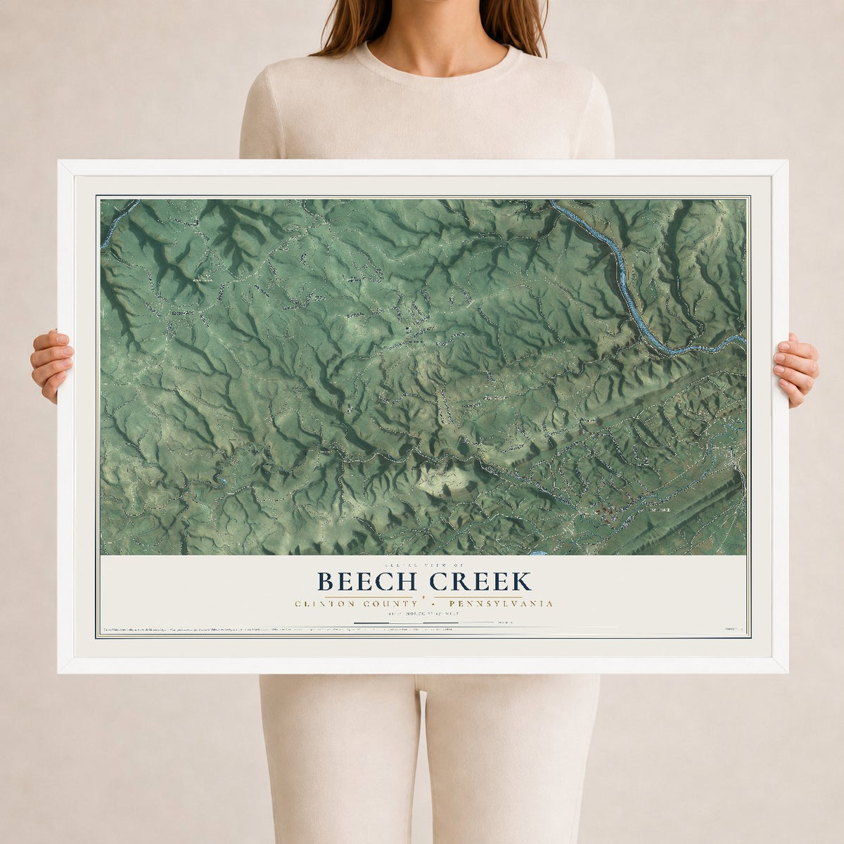 Map of Beech Creek, Clinton County, Pennsylvania, 24 x 36 inch print in a white wood frame