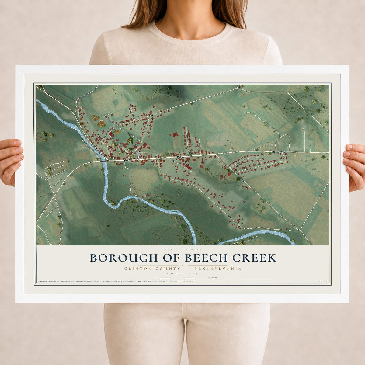 Map of the Borough of Beech Creek, Clinton County, Pennsylvania, 18 x 24 inch print in a white wood frame