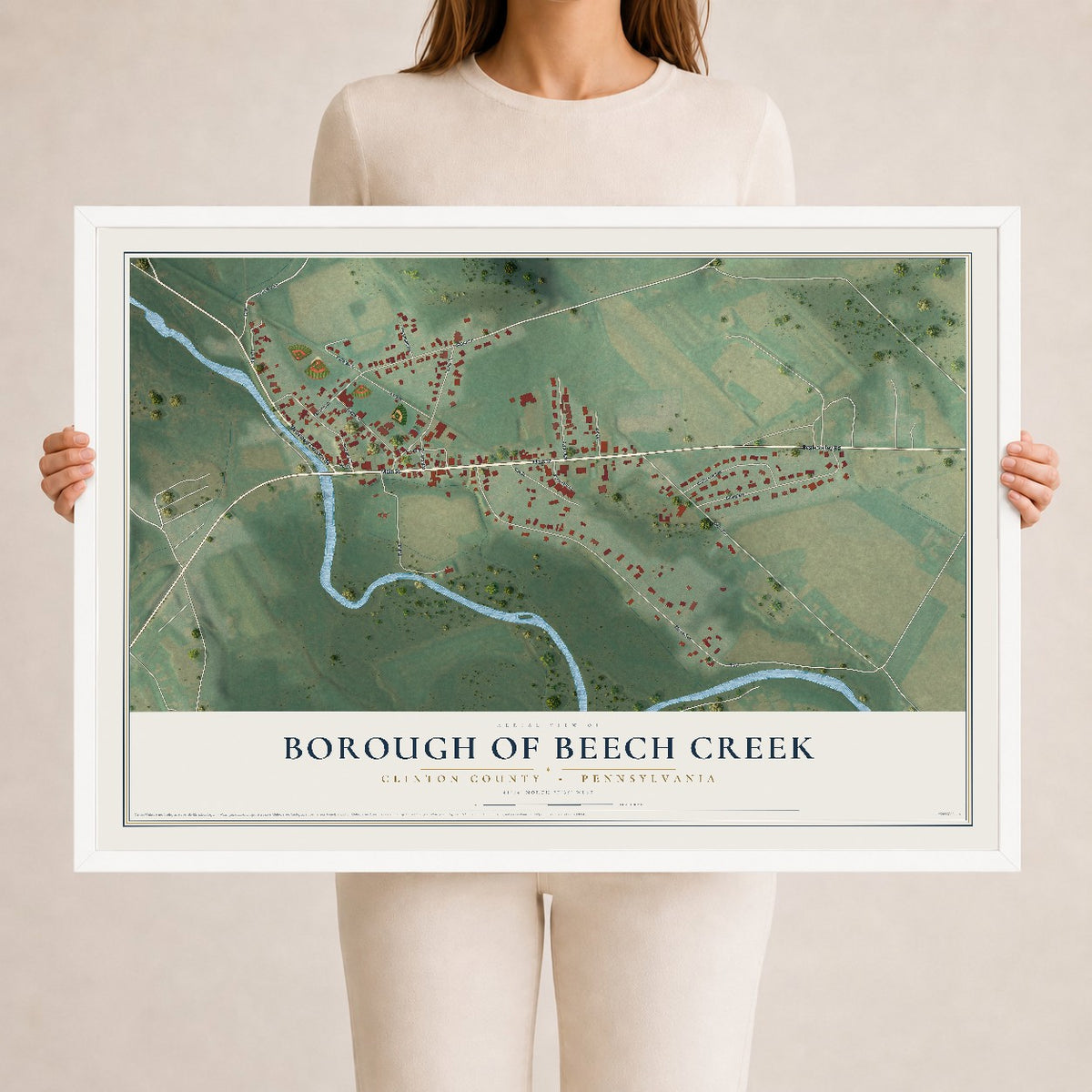 Map of the Borough of Beech Creek, Clinton County, Pennsylvania, 24 x 36 inch print in a white wood frame