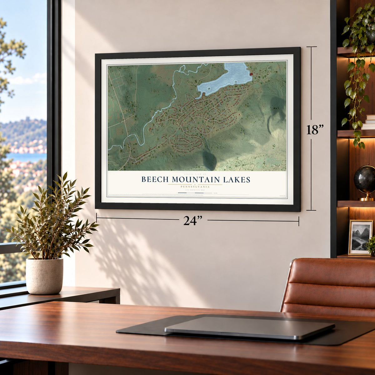 Beech Mountain Lakes, Pennsylvania map, 18 x 24 inch print in a black frame in a home office