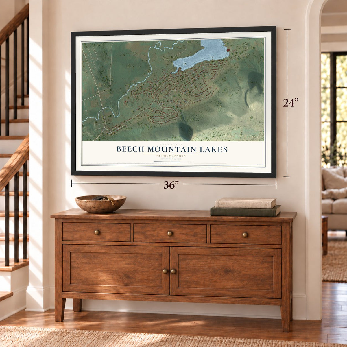 Beech Mountain Lakes, Pennsylvania map, 24 x 36 inch print in a black frame above a dresser by a staircase