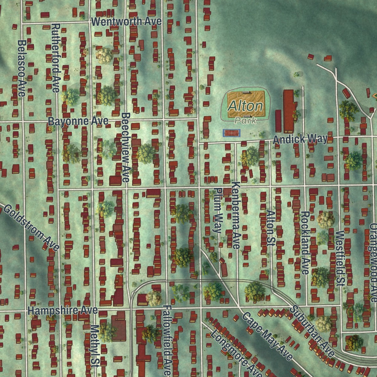 Close-up of the map of Beechview, Pennsylvania print showing street and building detail