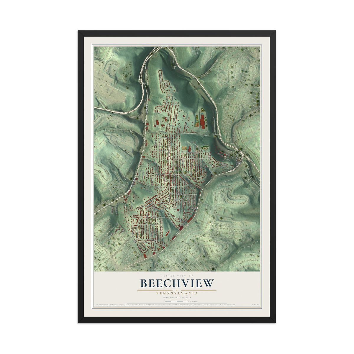 Map of Beechview, Pennsylvania, 12 x 18 inch print in a black wood frame
