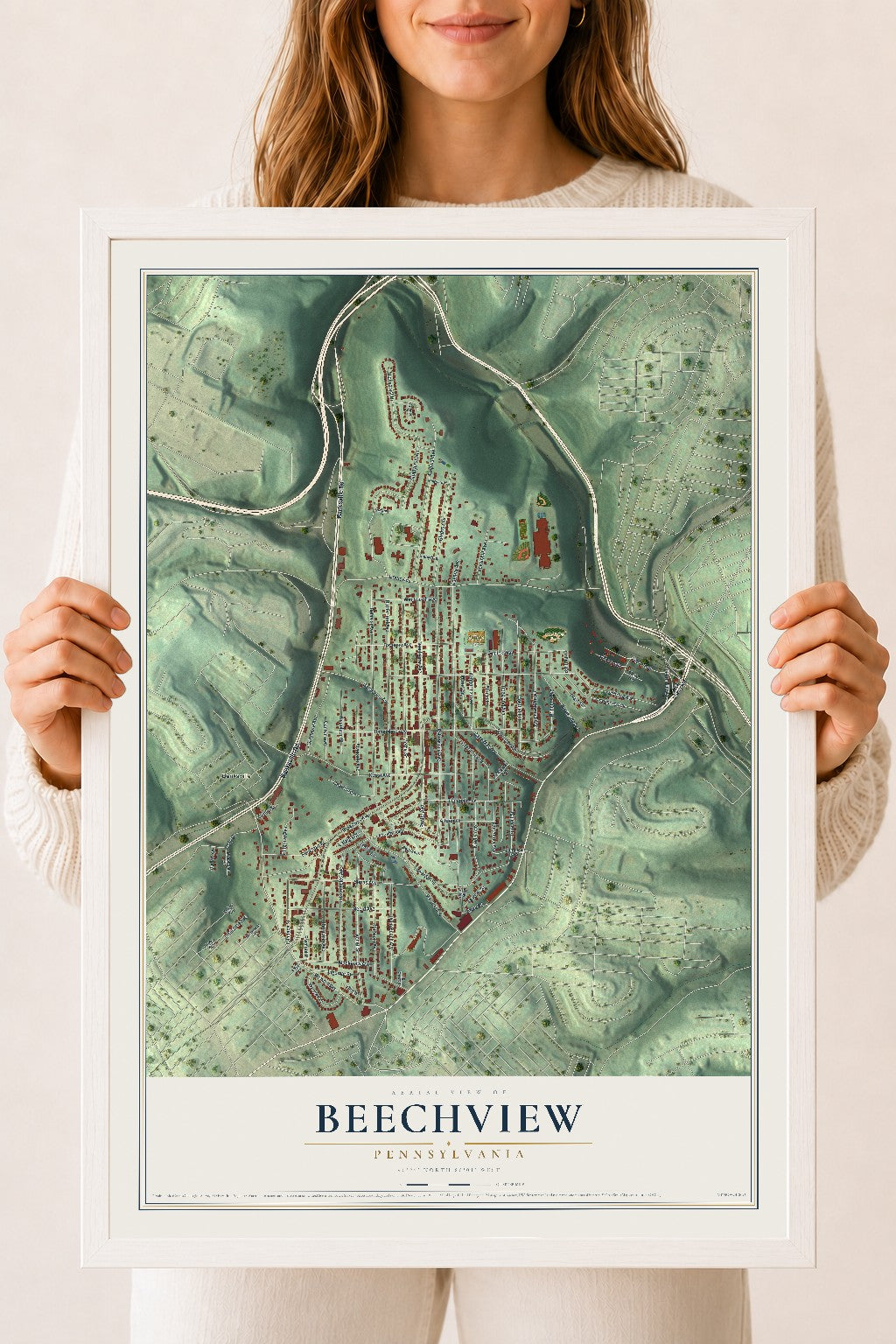 Map of Beechview, Pennsylvania, 18 x 24 inch print in a white wood frame