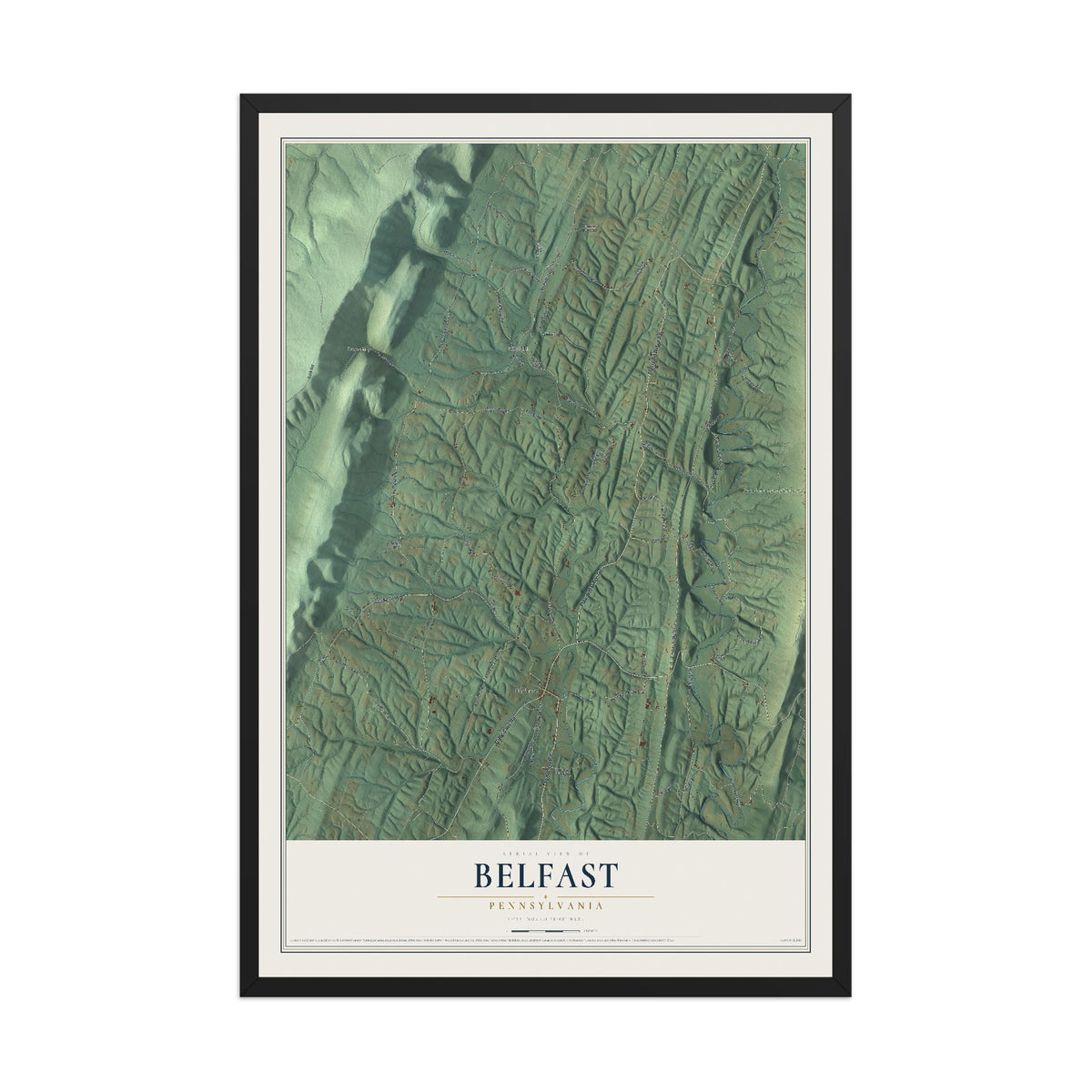 Map of Belfast, Pennsylvania, 12 x 18 inch print in a black wood frame
