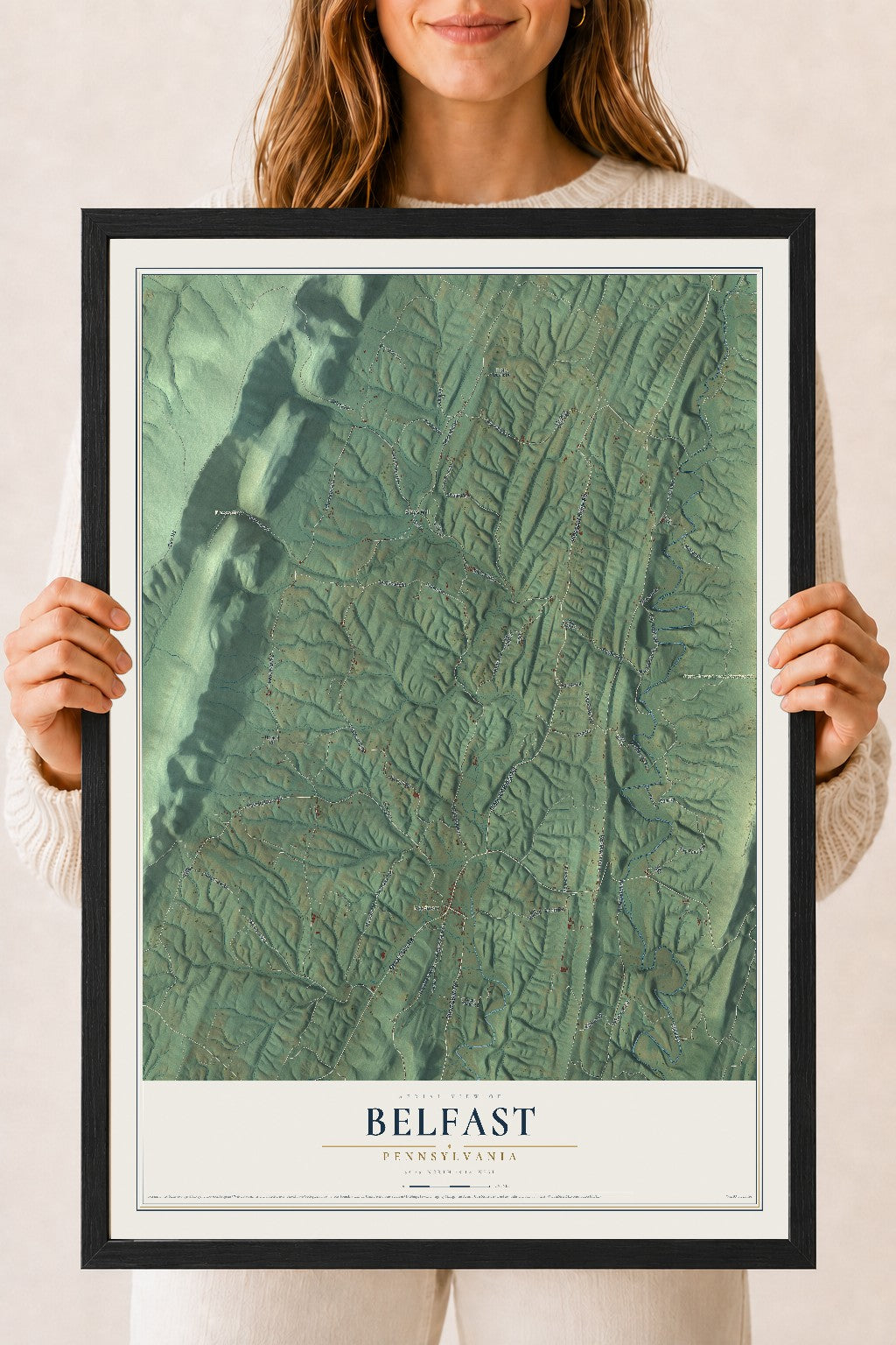 Map of Belfast, Pennsylvania, 18 x 24 inch print in a black wood frame