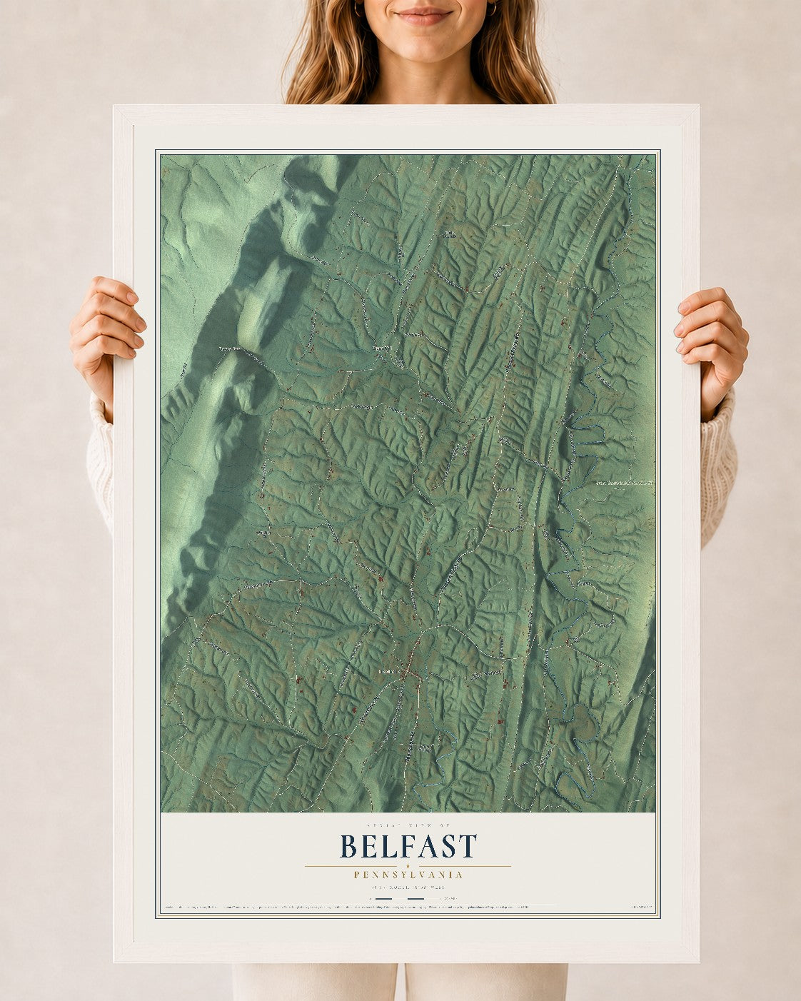 Map of Belfast, Pennsylvania, 24 x 36 inch print in a white wood frame