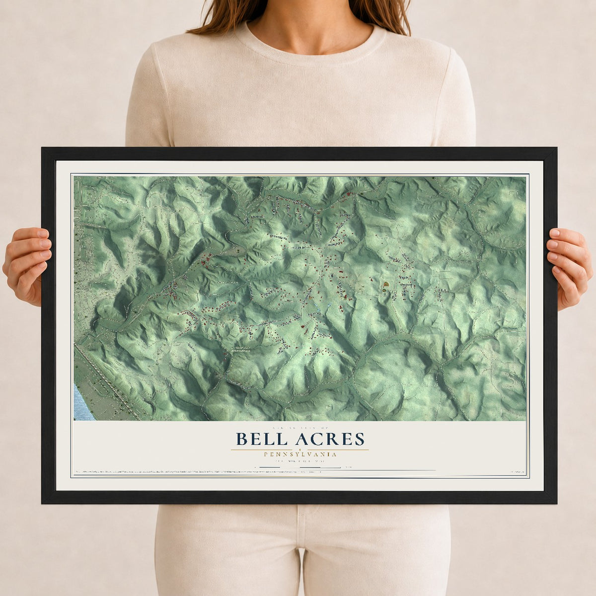 Map of Bell Acres, Pennsylvania, 12 x 18 inch print in a black wood frame