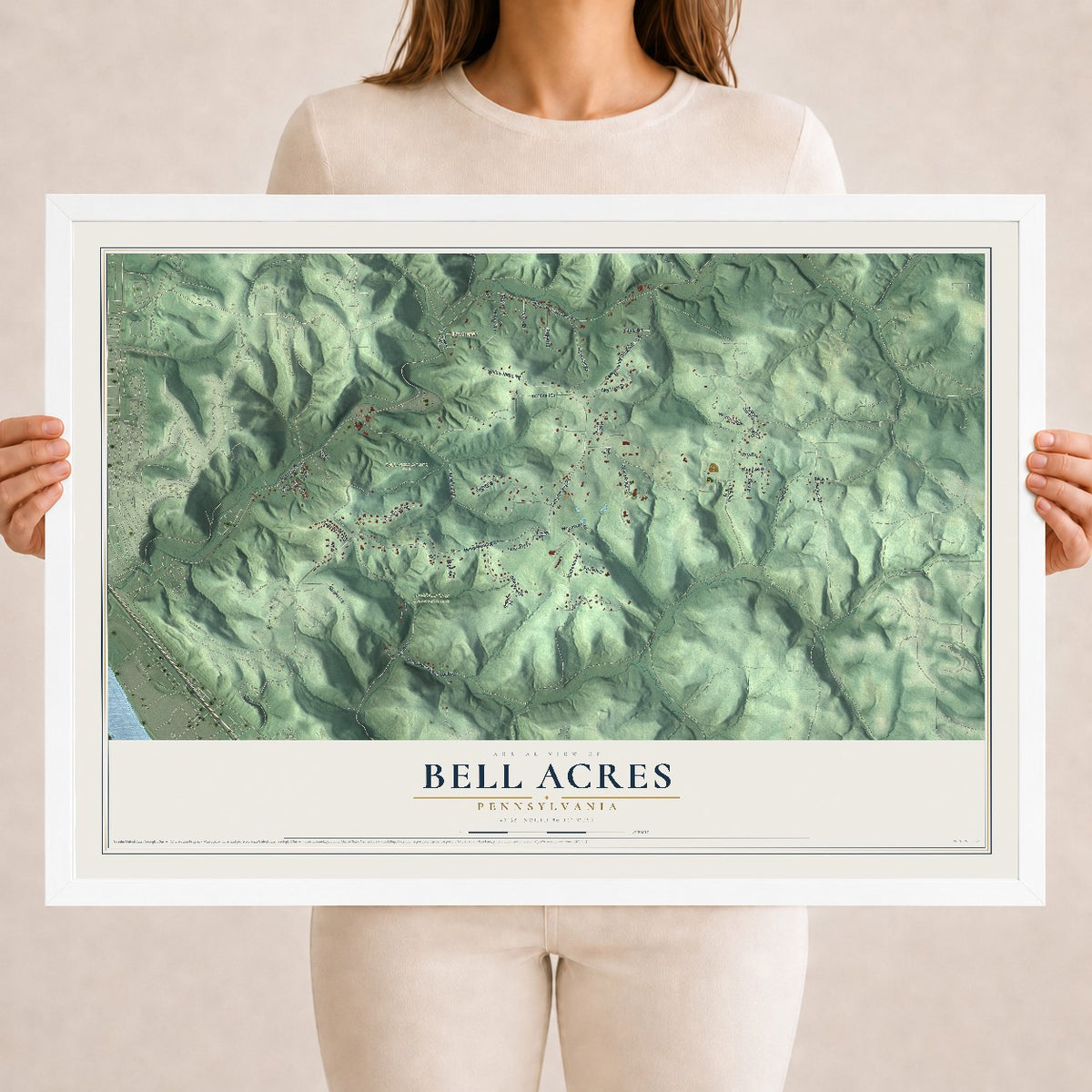 Map of Bell Acres, Pennsylvania, 18 x 24 inch print in a white wood frame