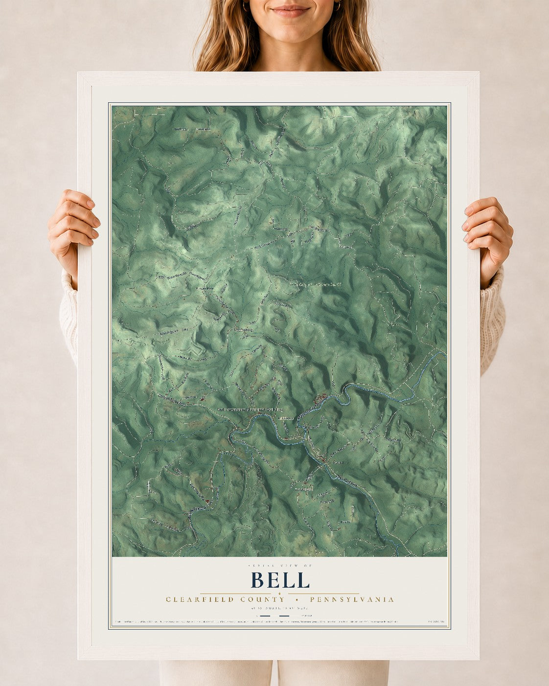 Map of Bell, Clearfield County, Pennsylvania, 24 x 36 inch print in a white wood frame