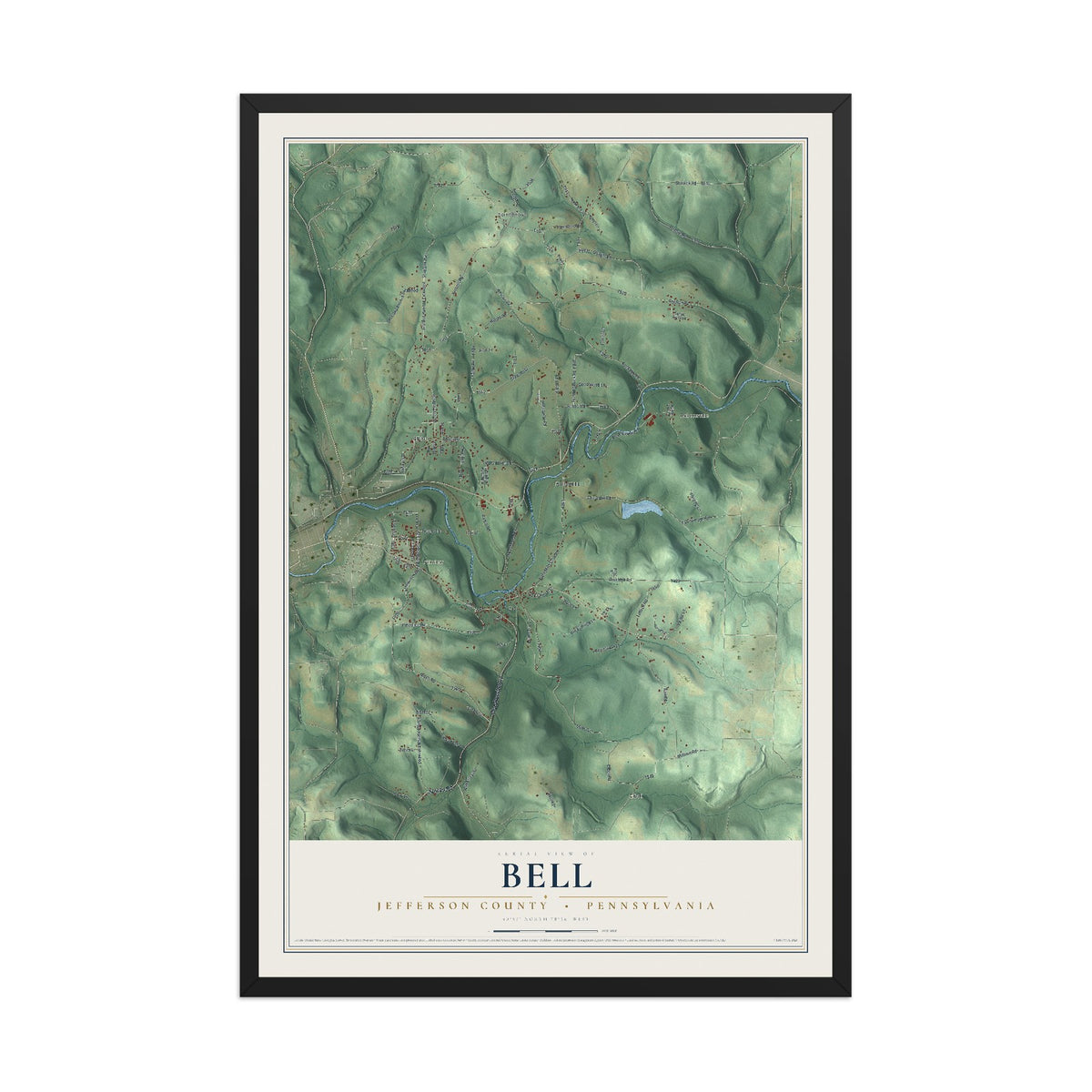 Map of Bell, Jefferson County, Pennsylvania, 12 x 18 inch print in a black wood frame