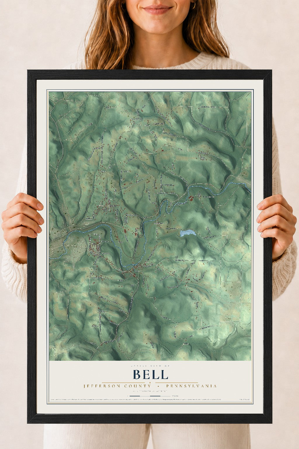 Map of Bell, Jefferson County, Pennsylvania, 18 x 24 inch print in a black wood frame