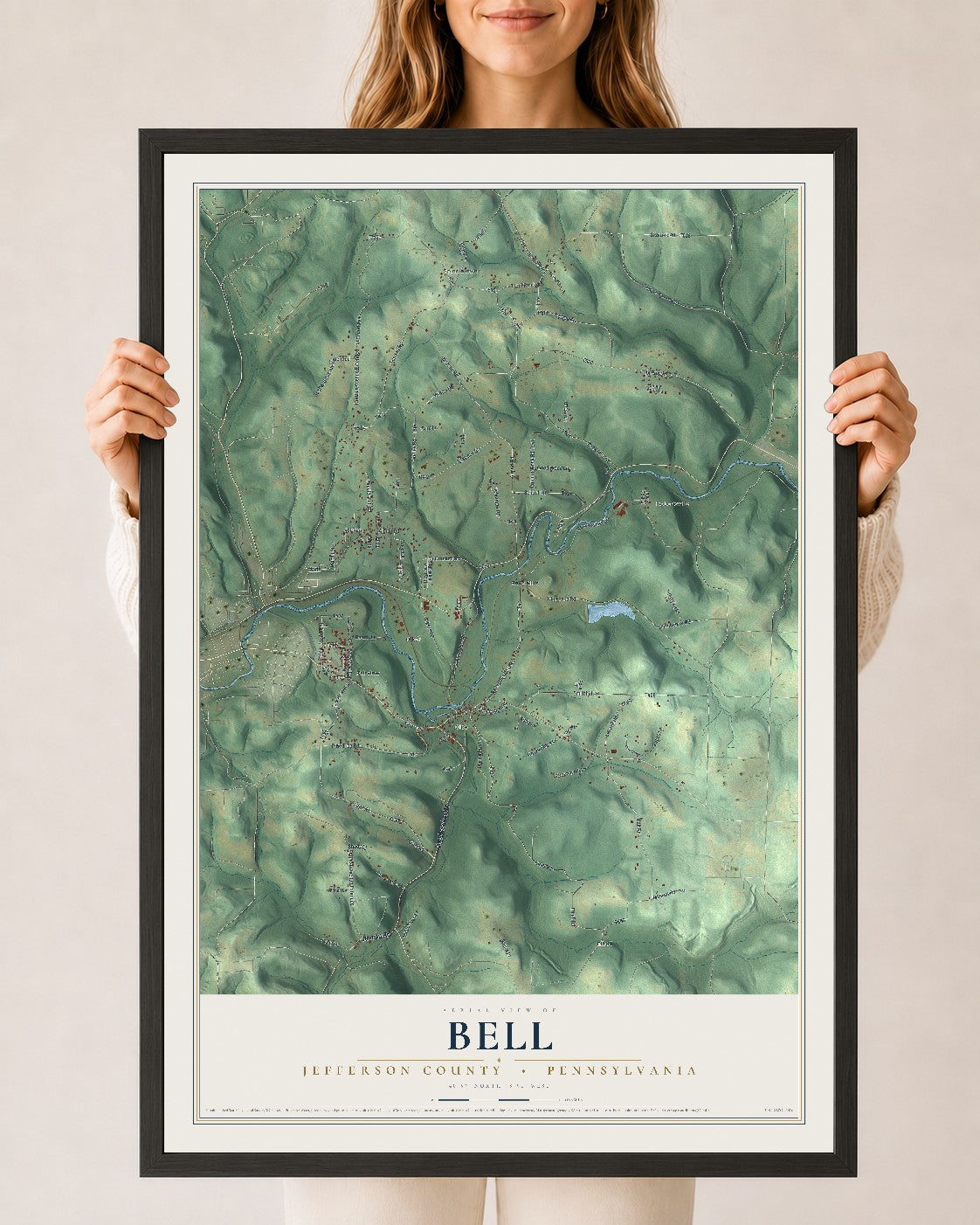 Map of Bell, Jefferson County, Pennsylvania, 24 x 36 inch print in a black wood frame