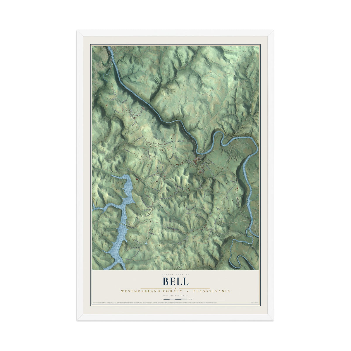 Map of Bell, Westmoreland County, Pennsylvania, 12 x 18 inch print in a white wood frame