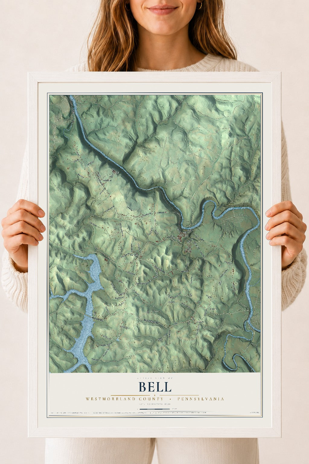 Map of Bell, Westmoreland County, Pennsylvania, 18 x 24 inch print in a white wood frame