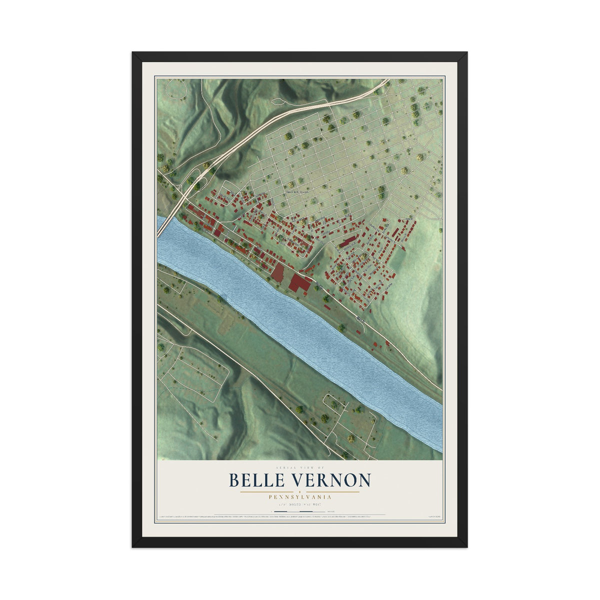 Map of Belle Vernon, Pennsylvania, 12 x 18 inch print in a black wood frame