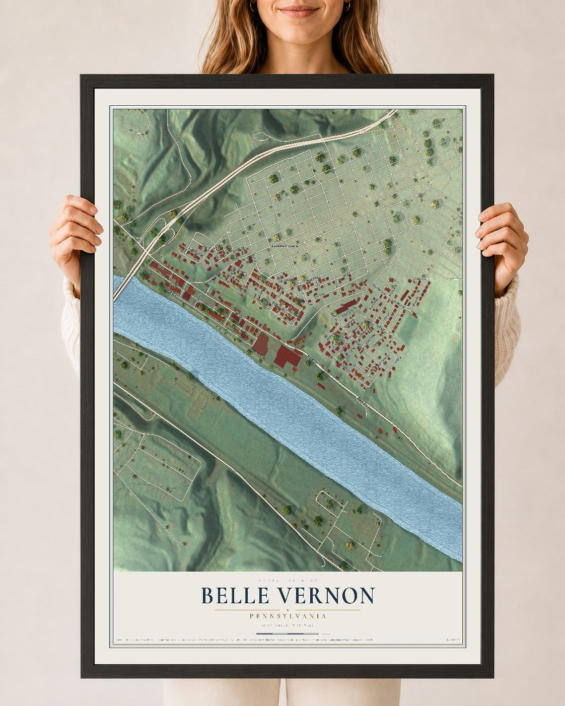 Map of Belle Vernon, Pennsylvania, 24 x 36 inch print in a black wood frame