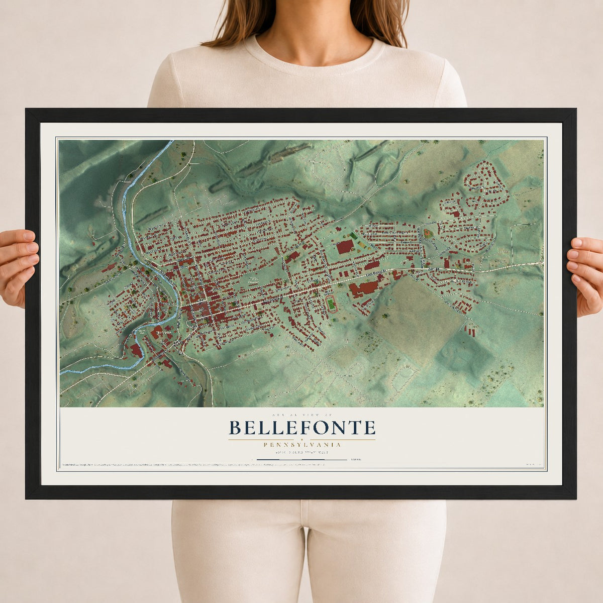 Map of Bellefonte, Pennsylvania, 18 x 24 inch print in a black wood frame