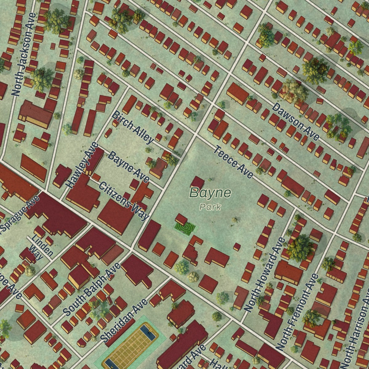 Second close-up of the map of Bellevue, Pennsylvania print showing more streets and buildings