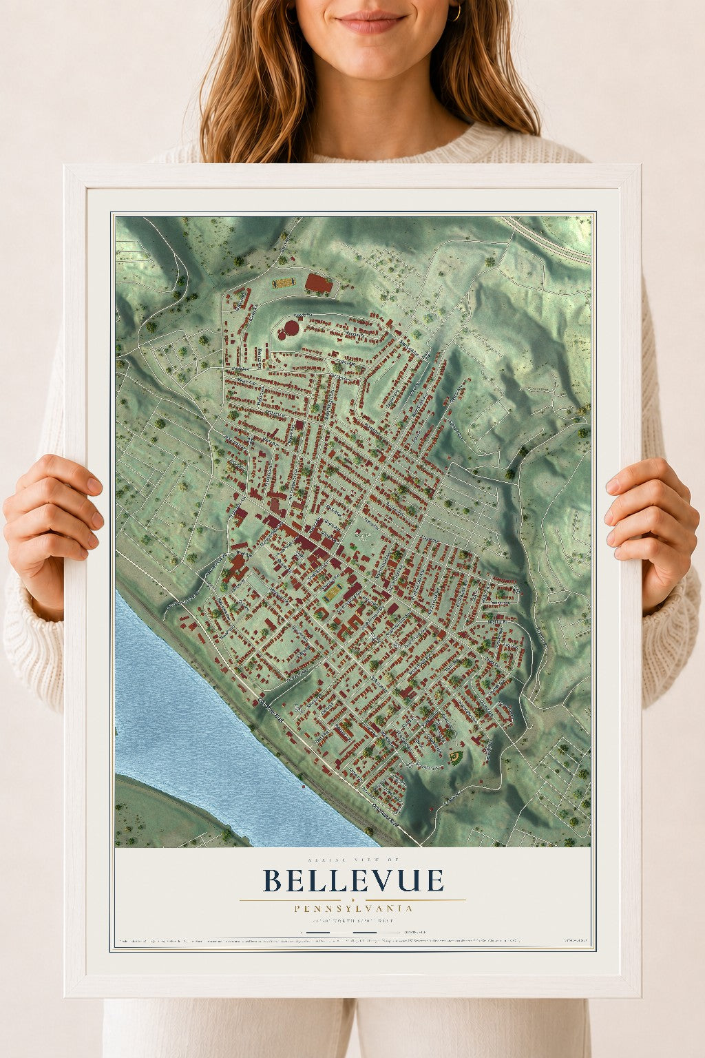 Map of Bellevue, Pennsylvania, 18 x 24 inch print in a white wood frame