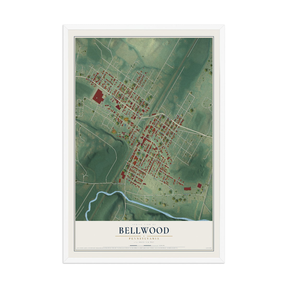 Map of Bellwood, Pennsylvania, 12 x 18 inch print in a white wood frame