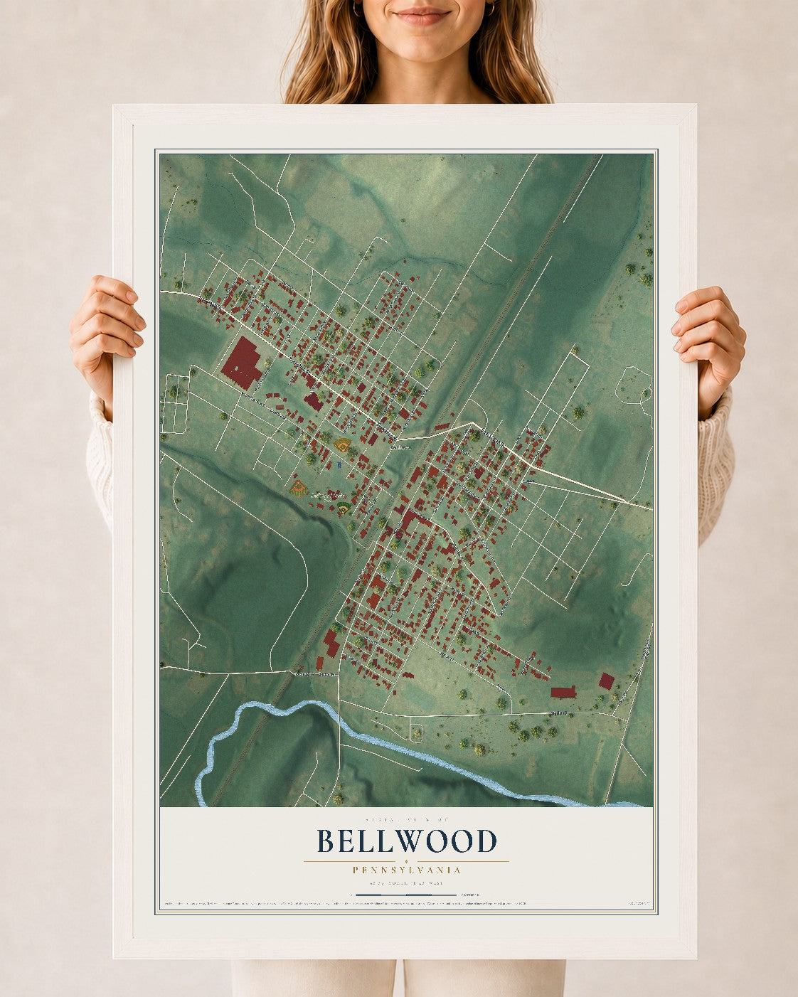 Map of Bellwood, Pennsylvania, 24 x 36 inch print in a white wood frame