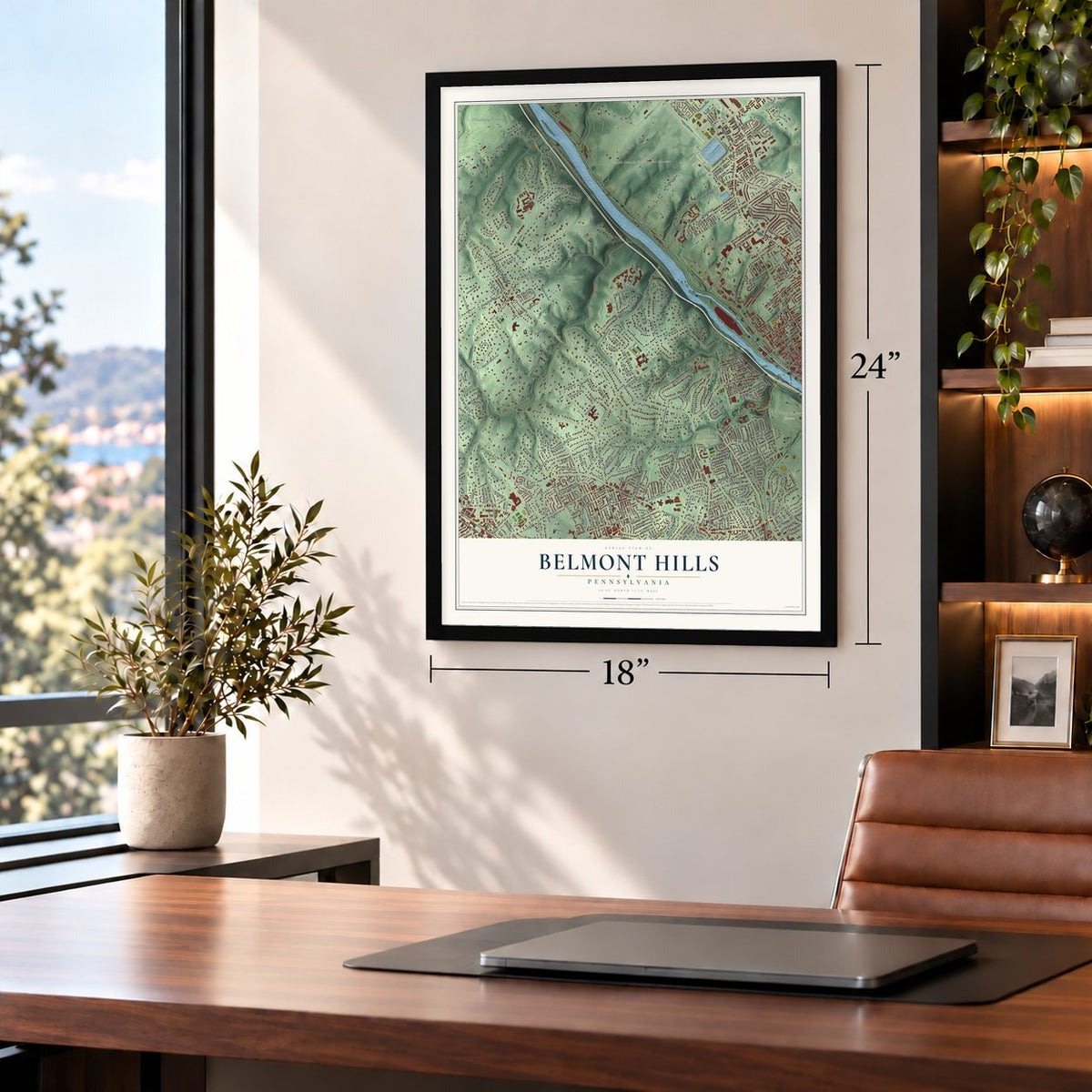 Belmont Hills, Pennsylvania map, 18 x 24 inch print in a black frame in a home office
