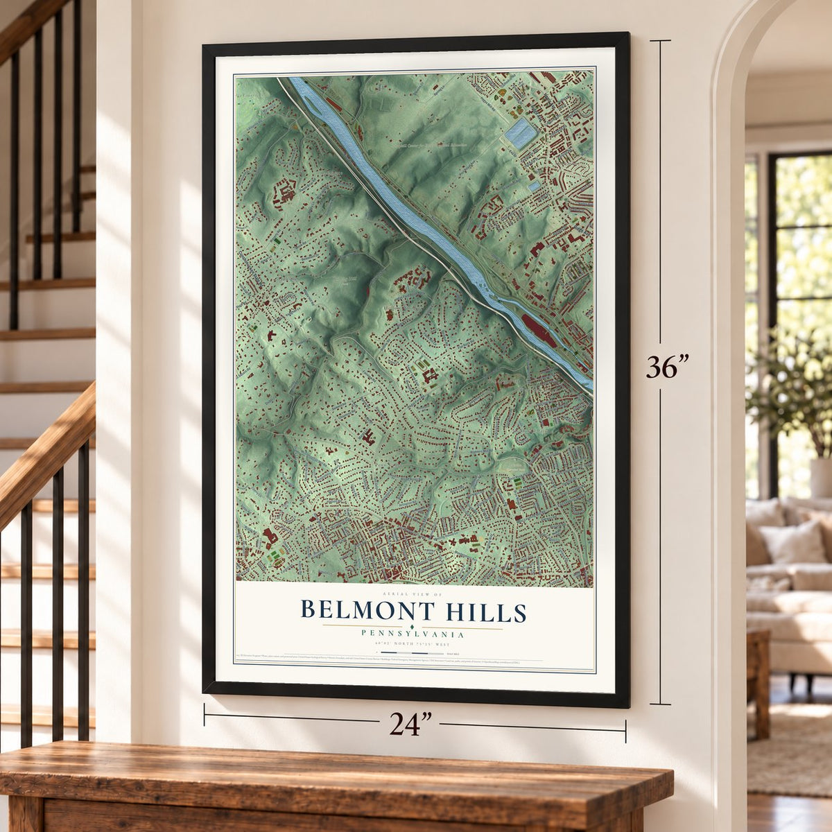 Belmont Hills, Pennsylvania map, 24 x 36 inch print in a black frame by a staircase