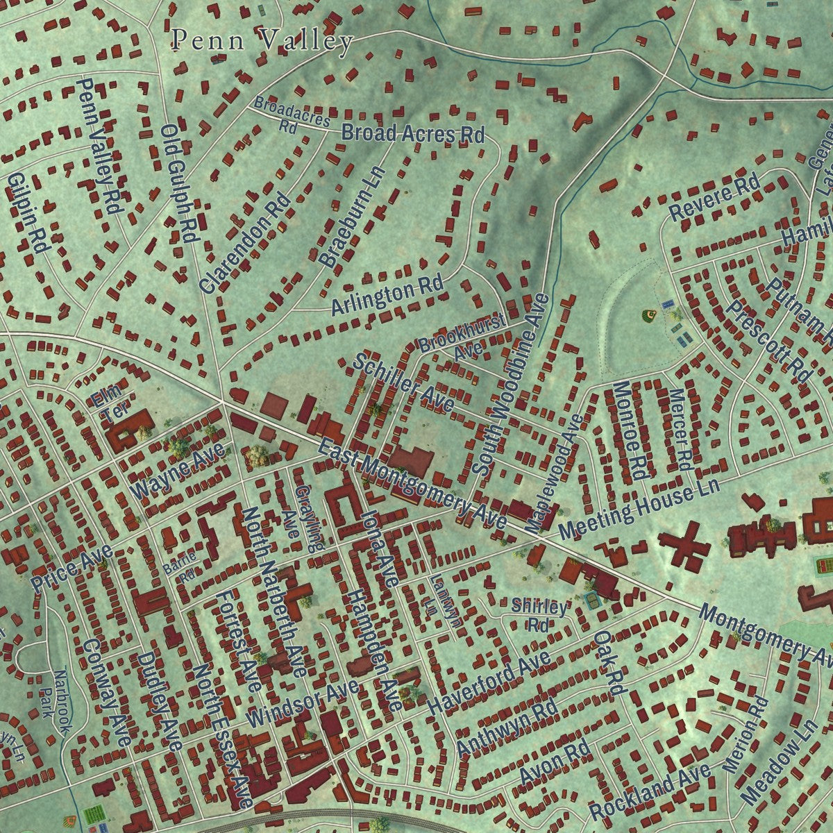 Close-up of the map of Belmont Hills, Pennsylvania print showing street and building detail