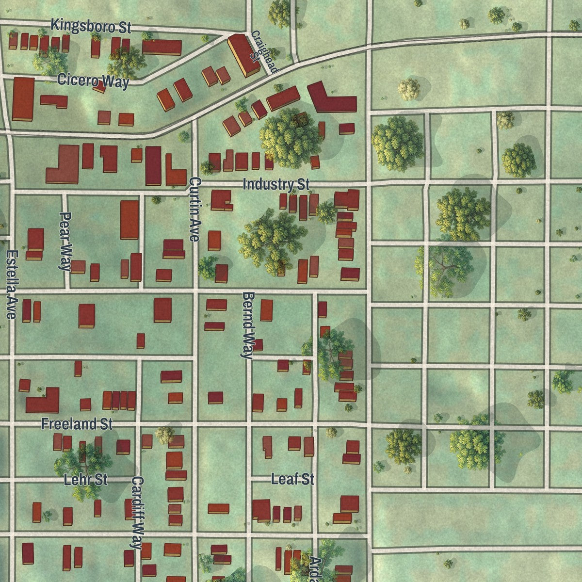 Close-up of the map of Beltzhoover, Pennsylvania print showing street and building detail