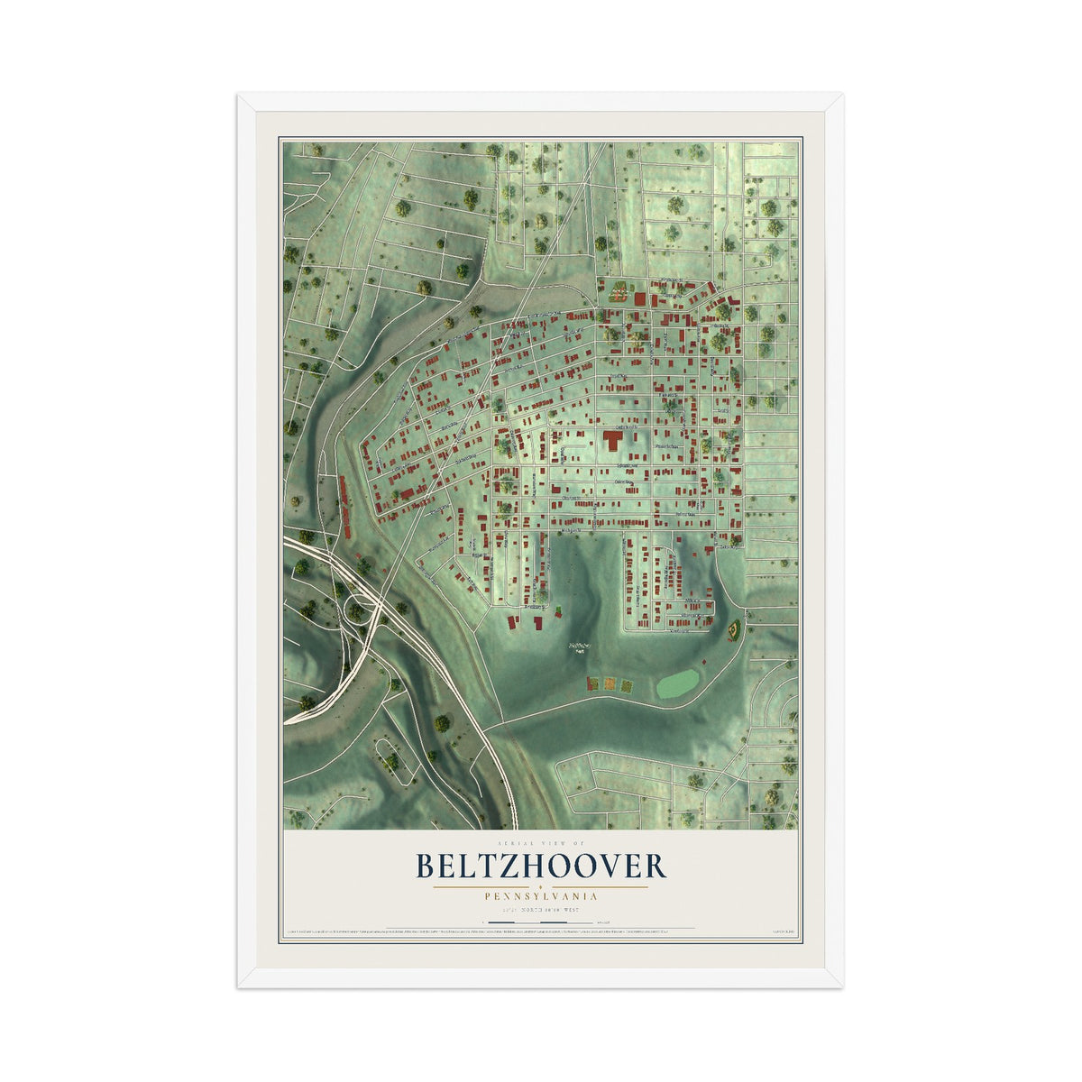 Map of Beltzhoover, Pennsylvania, 12 x 18 inch print in a white wood frame