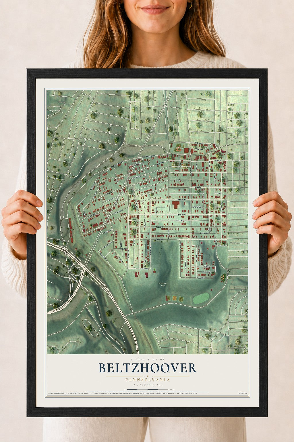 Map of Beltzhoover, Pennsylvania, 18 x 24 inch print in a black wood frame