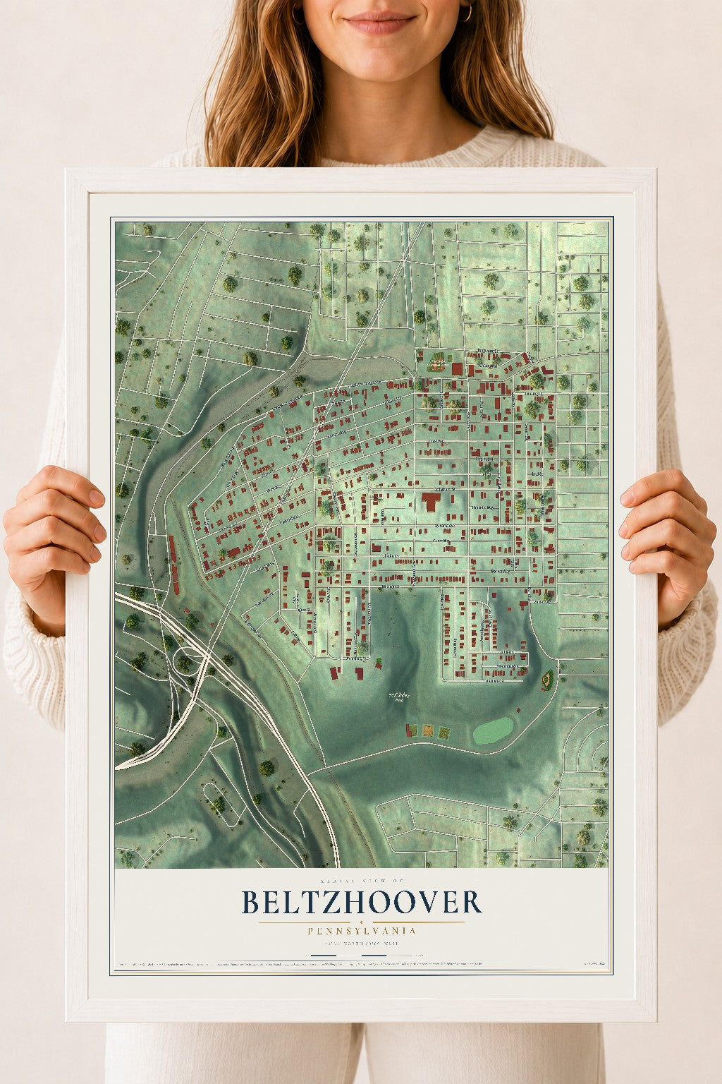 Map of Beltzhoover, Pennsylvania, 18 x 24 inch print in a white wood frame