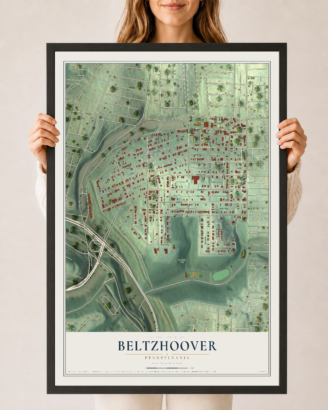 Map of Beltzhoover, Pennsylvania, 24 x 36 inch print in a black wood frame