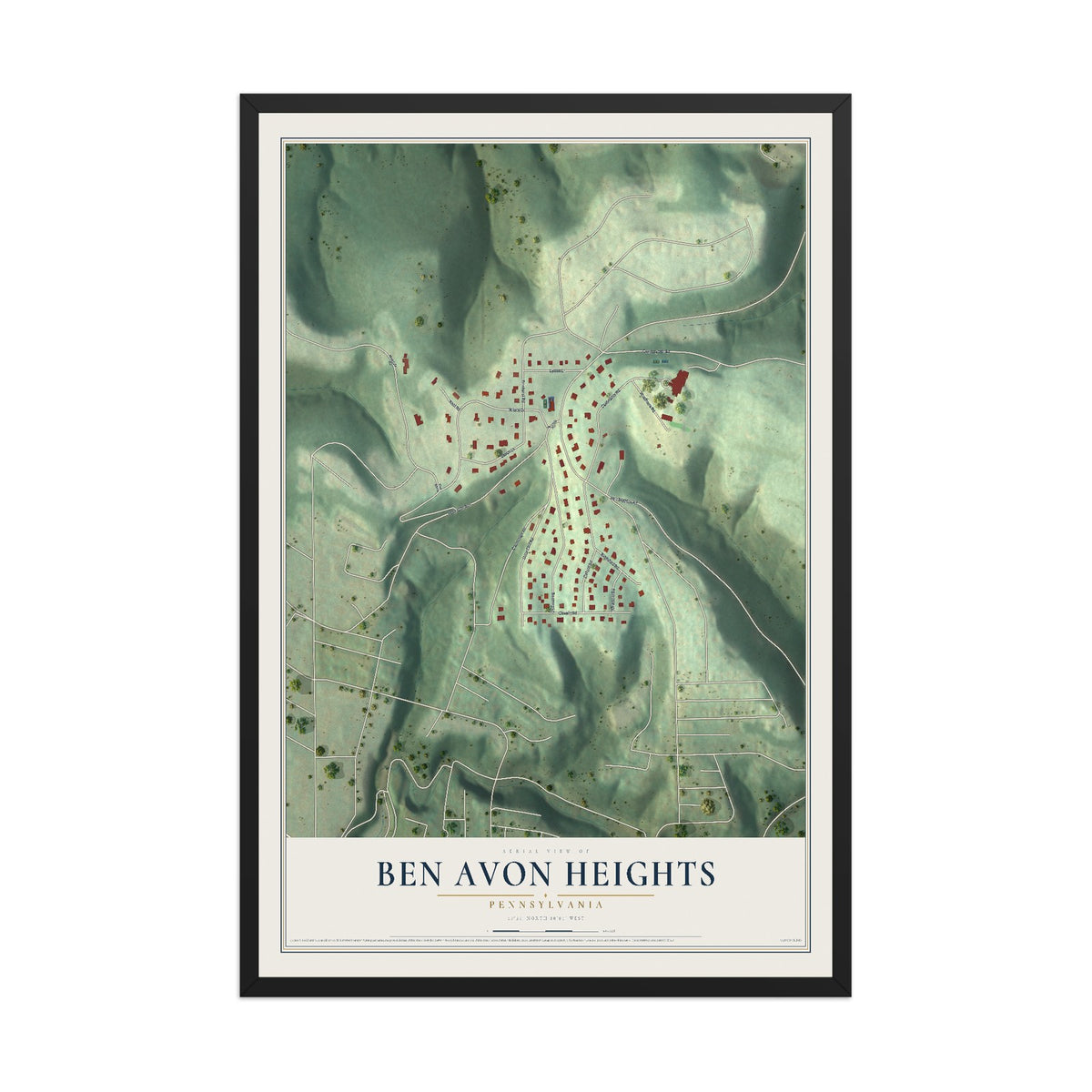 Map of Ben Avon Heights, Pennsylvania, 12 x 18 inch print in a black wood frame