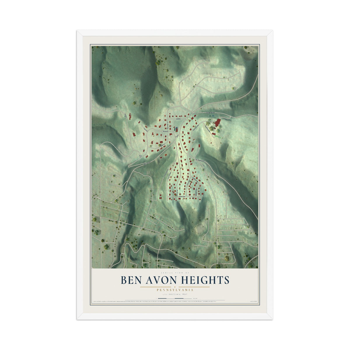 Map of Ben Avon Heights, Pennsylvania, 12 x 18 inch print in a white wood frame