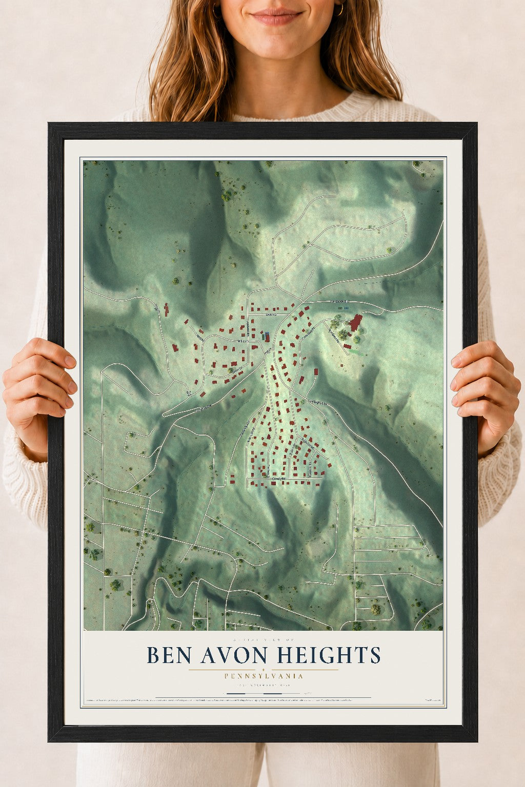 Map of Ben Avon Heights, Pennsylvania, 18 x 24 inch print in a black wood frame