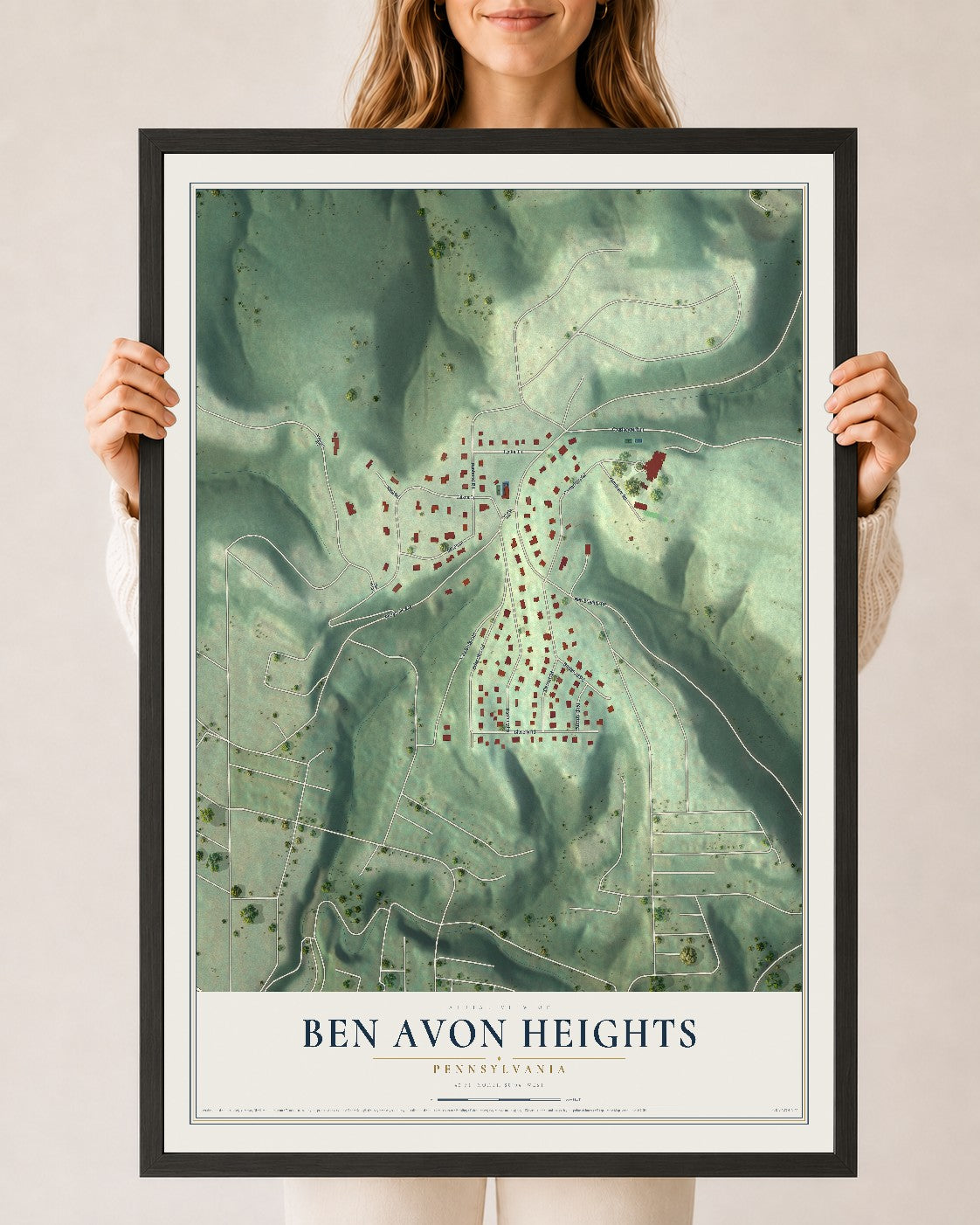 Map of Ben Avon Heights, Pennsylvania, 24 x 36 inch print in a black wood frame