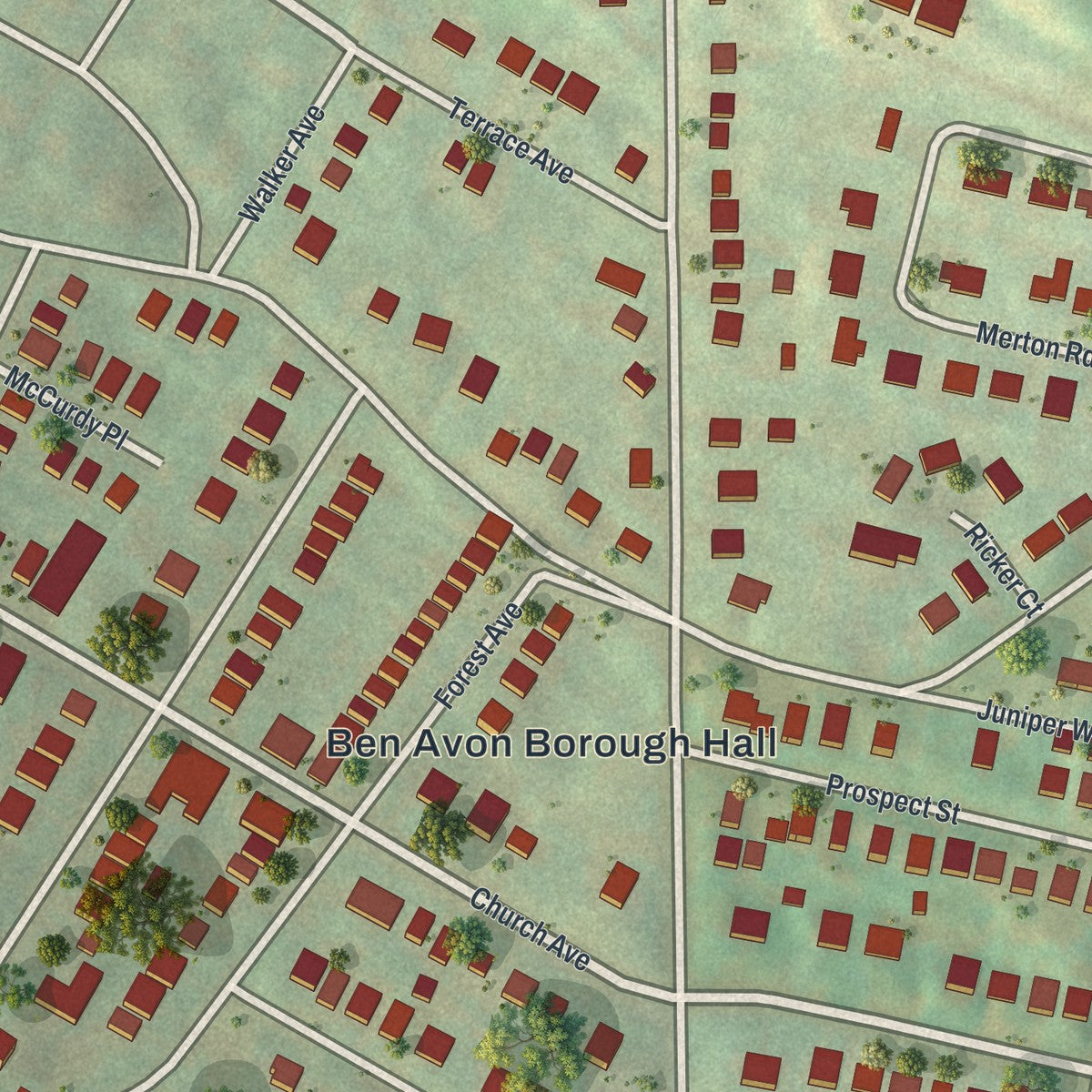 Close-up of the map of Ben Avon, Pennsylvania print showing street and building detail